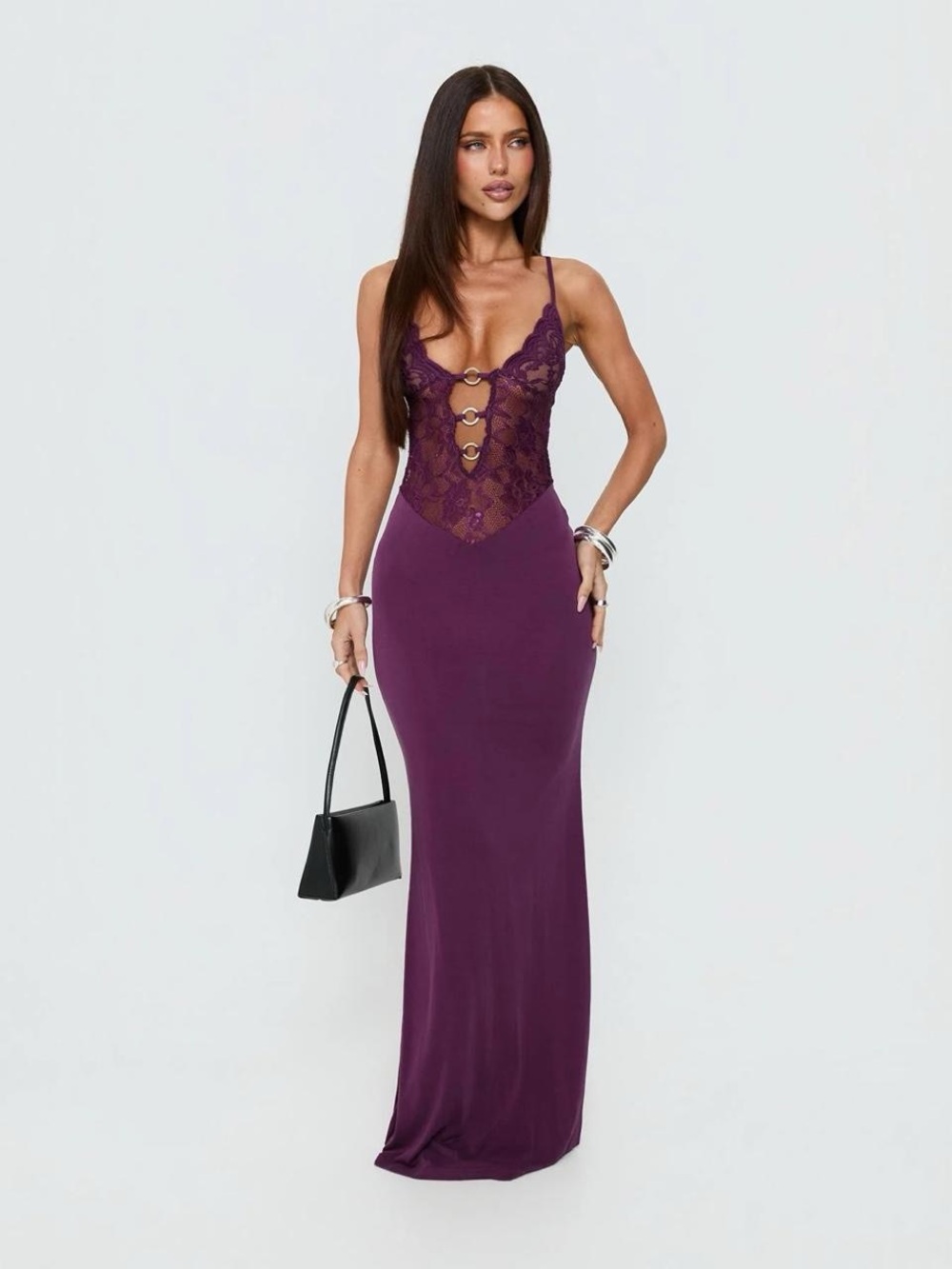 Princess Polly Plum Lace Plunge Maxi Dress
